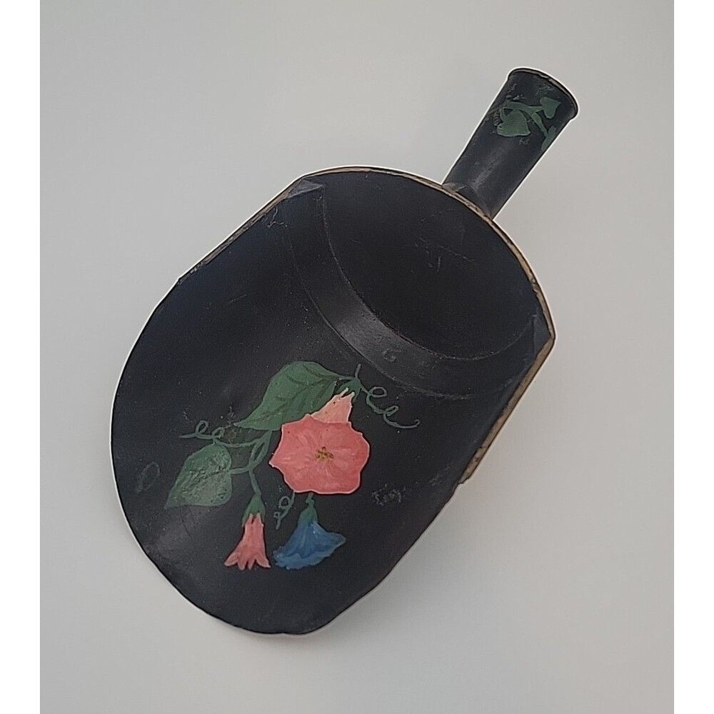 Old Vintage Hand Painted Tole Black Metal / Tin Decorative Floral Grain Scoop